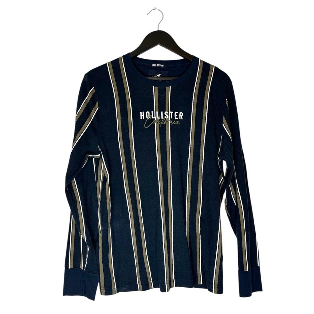 Hollister Long Sleeve Striped Logo Tee Navy Tan Stripe Size Medium SEE NOTE